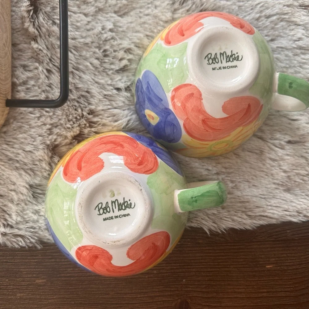 Bob Mackie yellow blue floral botanical oversized vintage mug set